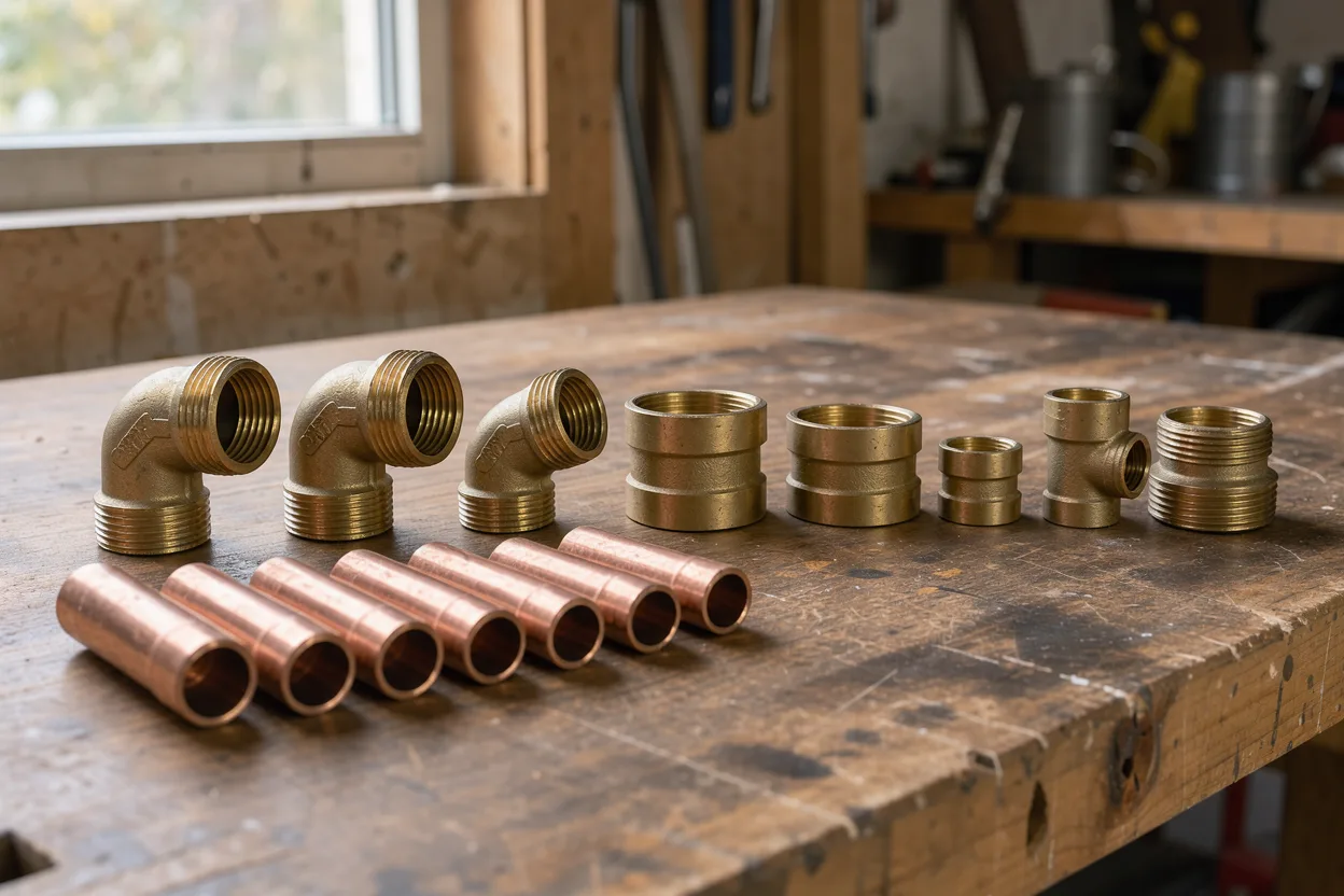Brass and copper plumbing fittings arranged on a wooden workbench