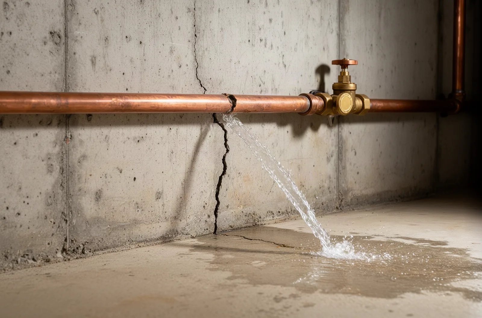 Water spraying from a split copper pipe near a brass shutoff valve