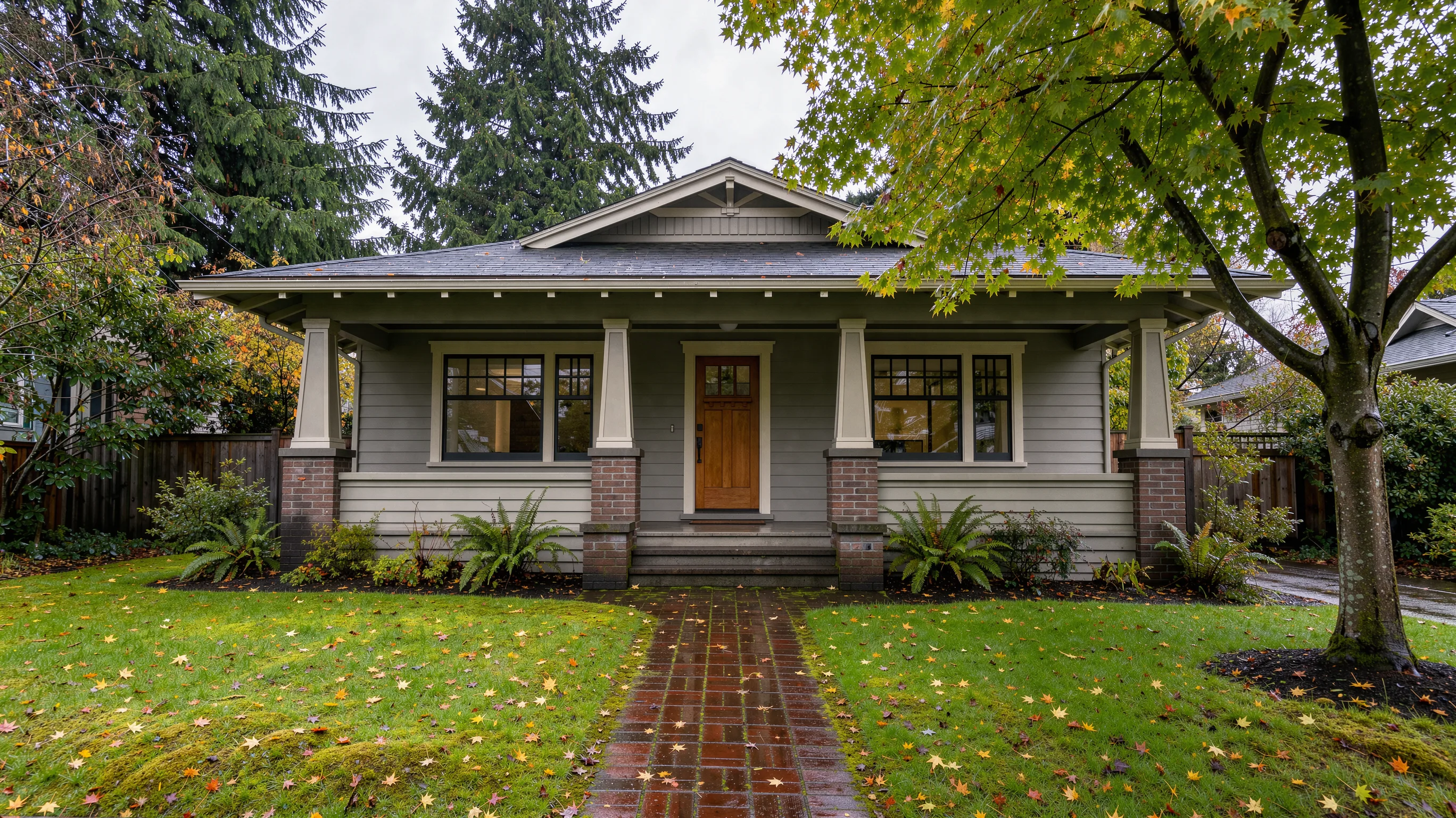 Craftsman bungalow with a covered porch among Douglas firs in Portland, Oregon