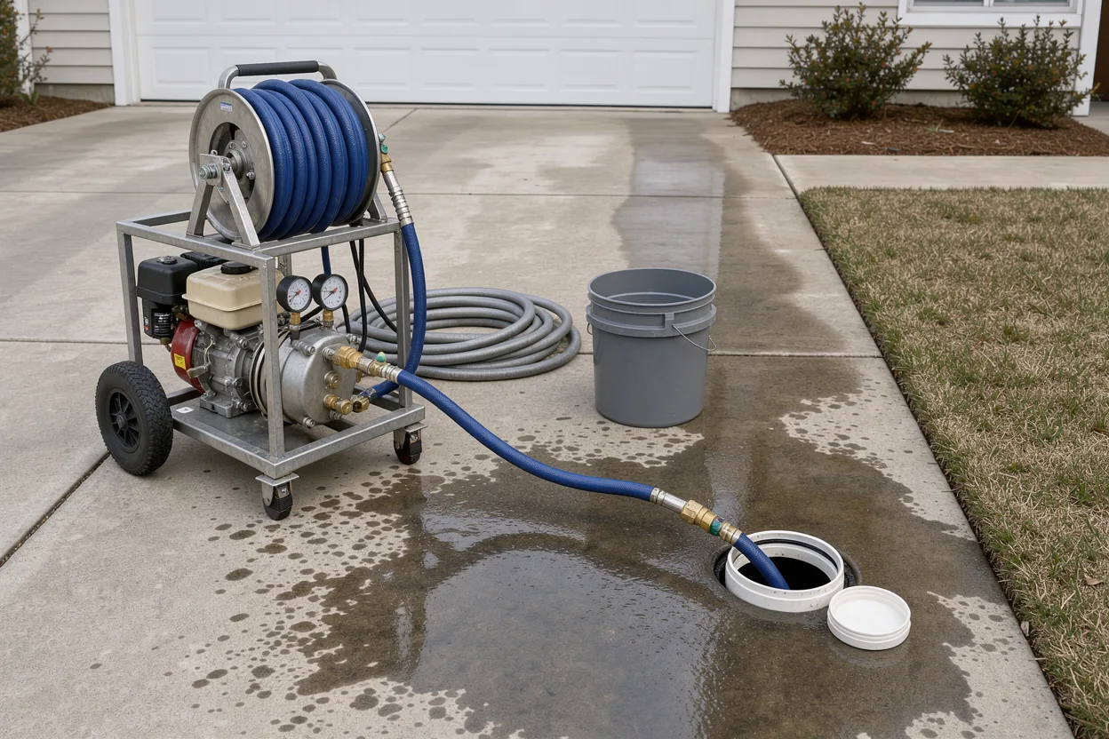Hydro jetting machine feeding a high-pressure hose into an open sewer cleanout