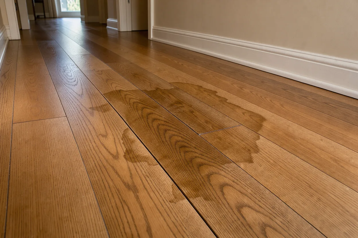 Water stain spreading across hardwood flooring near a baseboard