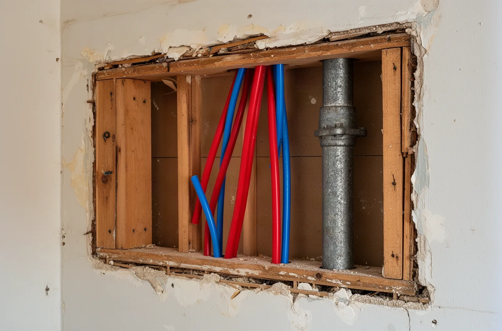 New PEX supply lines beside an old galvanized pipe inside an opened wall
