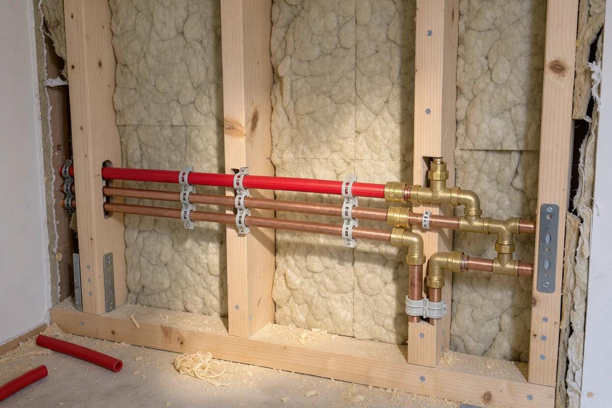 New PEX and copper supply pipes running along exposed wood studs in a wall cavity