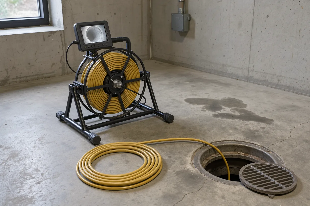 Sewer inspection camera reel feeding a push rod into a basement floor drain