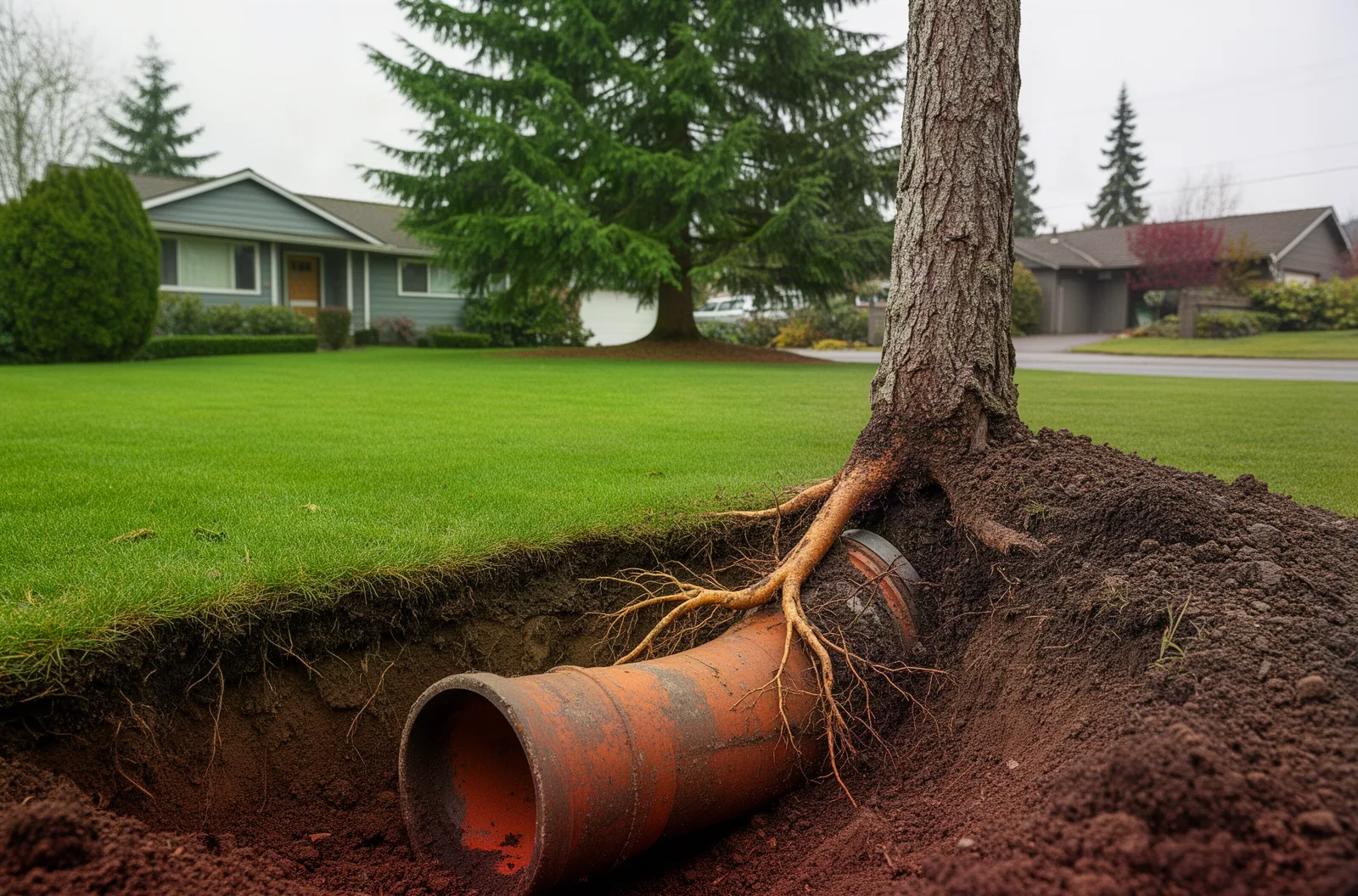 Tree root intruding into an old clay sewer pipe in a front-yard excavation