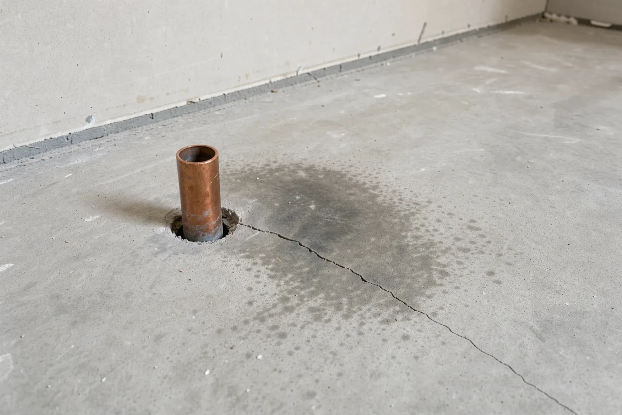 Damp patch beside a copper pipe stub rising through a concrete slab floor