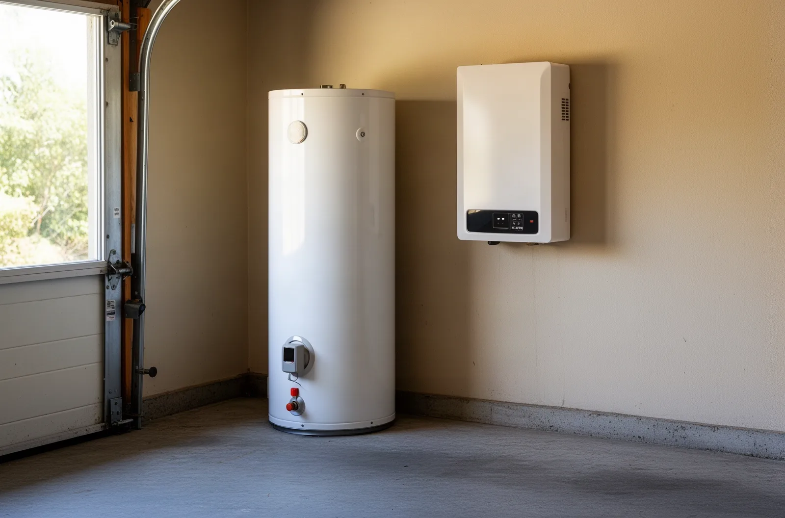 A tank water heater beside a wall-mounted tankless unit in a residential garage
