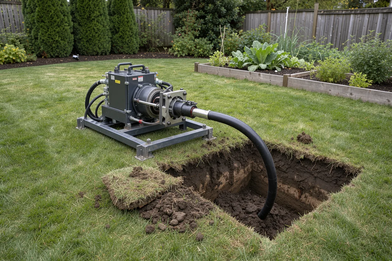 Trenchless pipe bursting machine beside a small pit with black HDPE pipe in a yard