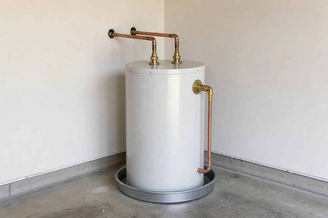 White tank water heater in a drain pan with copper supply lines from the wall